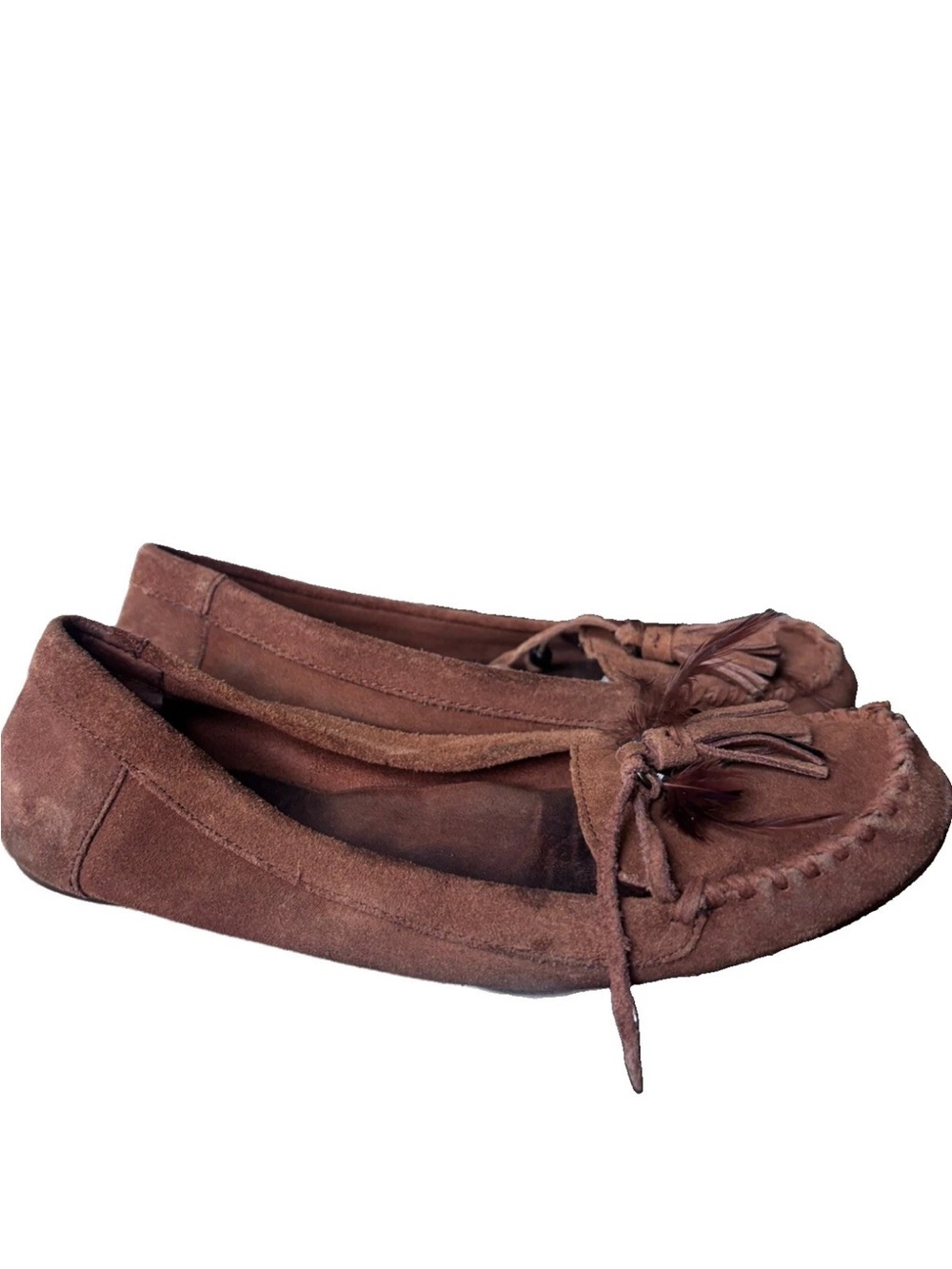 Minnetonka Women's Kilty Softsole Moccasins Tassel Feather Brown Suede Size 9